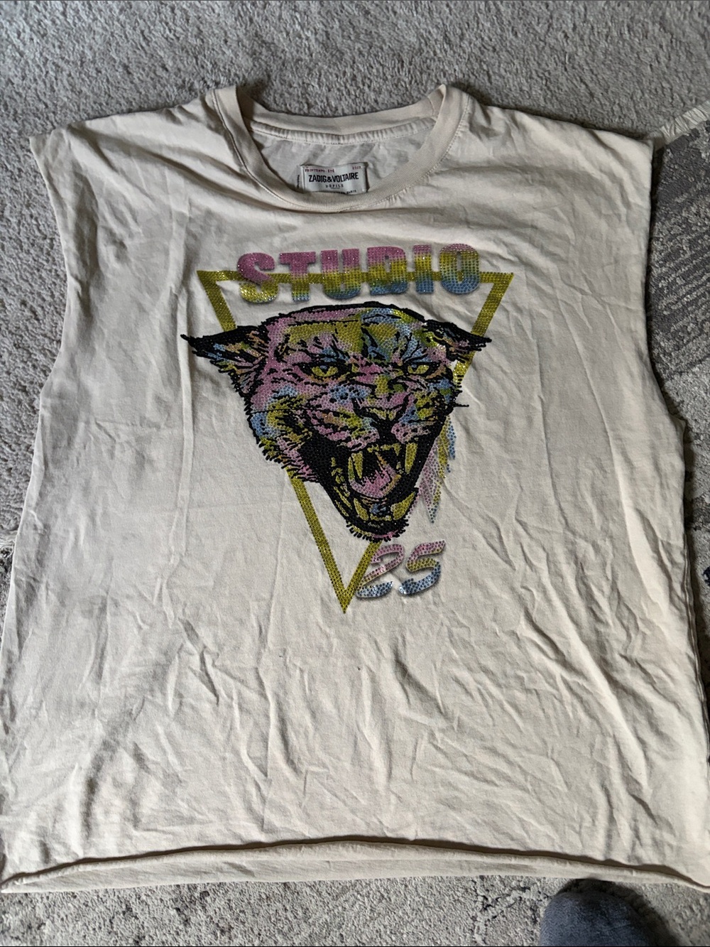 Zadig & Voltaire Cream Muscle Tank with Multicolor Panther Graphic